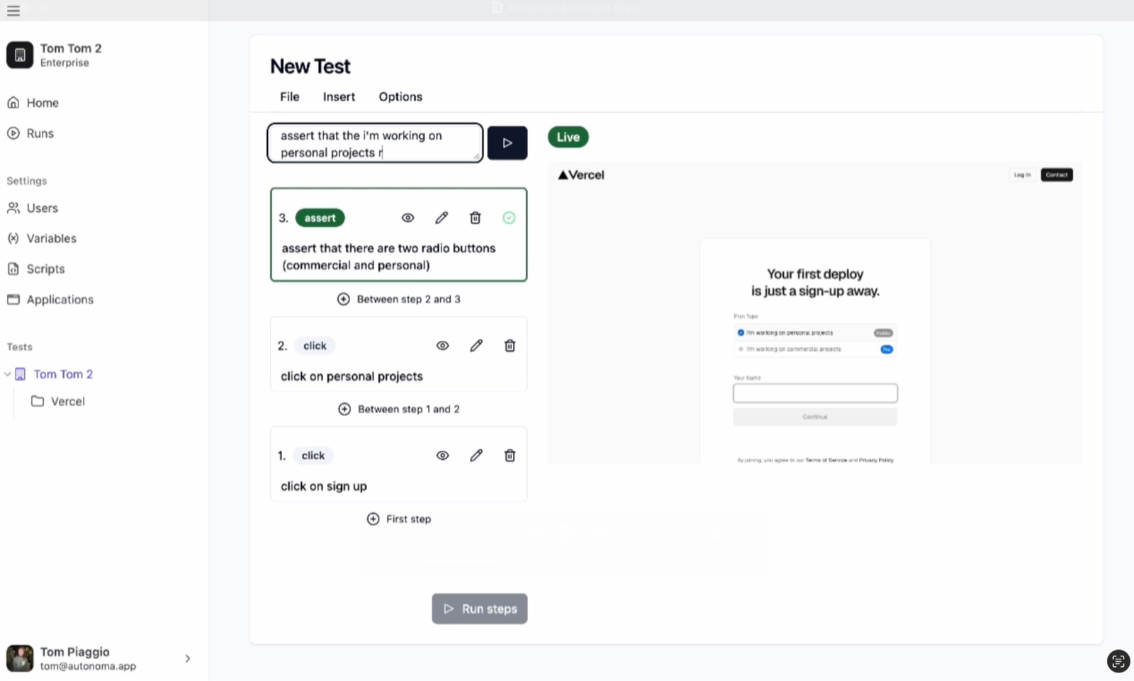 The product we walked away from: a no-code QA tool for QA people. We were very bad at design.